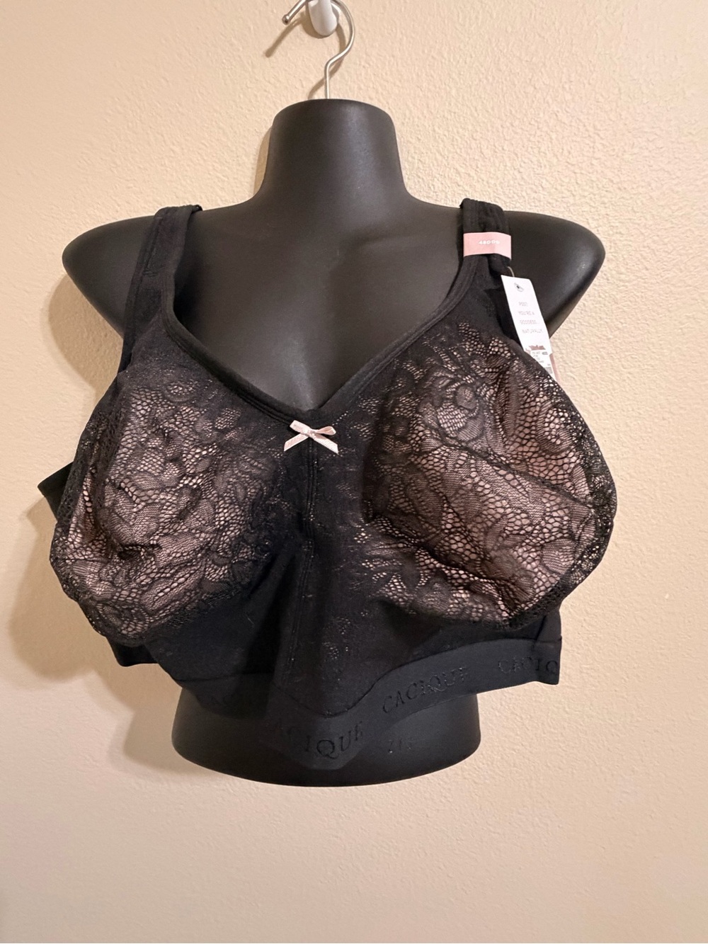 Cacique Black Lace Wireless Bra with Pale Pink Accent